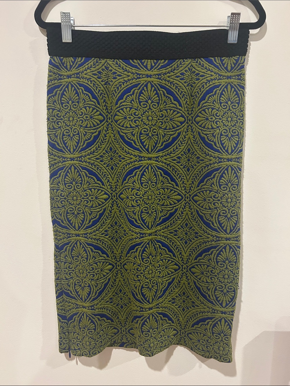 Maeve Olive and Navy Jacquard Pencil Skirt with Black Waistband